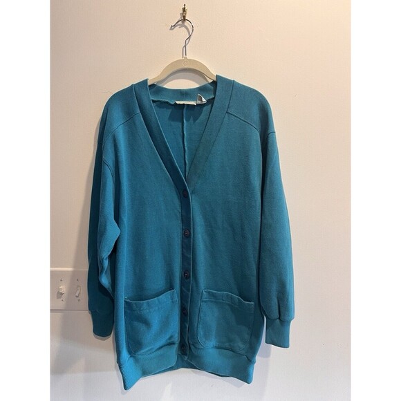 Vintage 80s/90s Boyfriend Cardigan Teal Womens Large Longline Retro Colorful - Picture 6 of 11